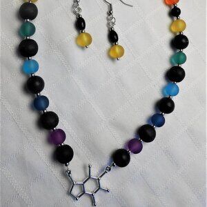 No860 Handmade necklace with Tibetan silver caffeine molecule charm and earrings